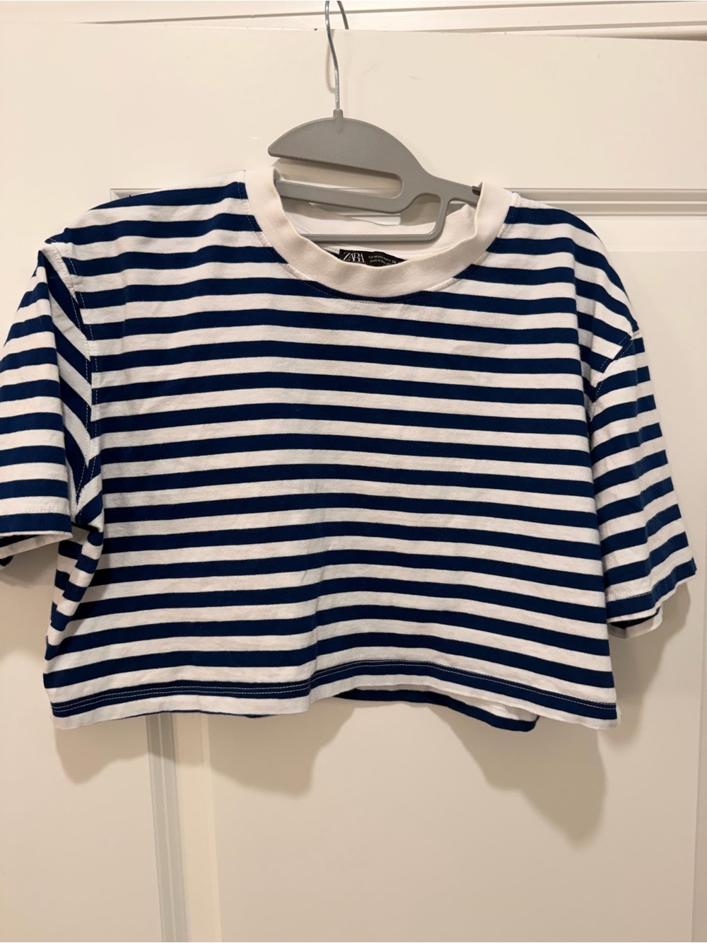 Zara Navy and White Striped Crop Tee